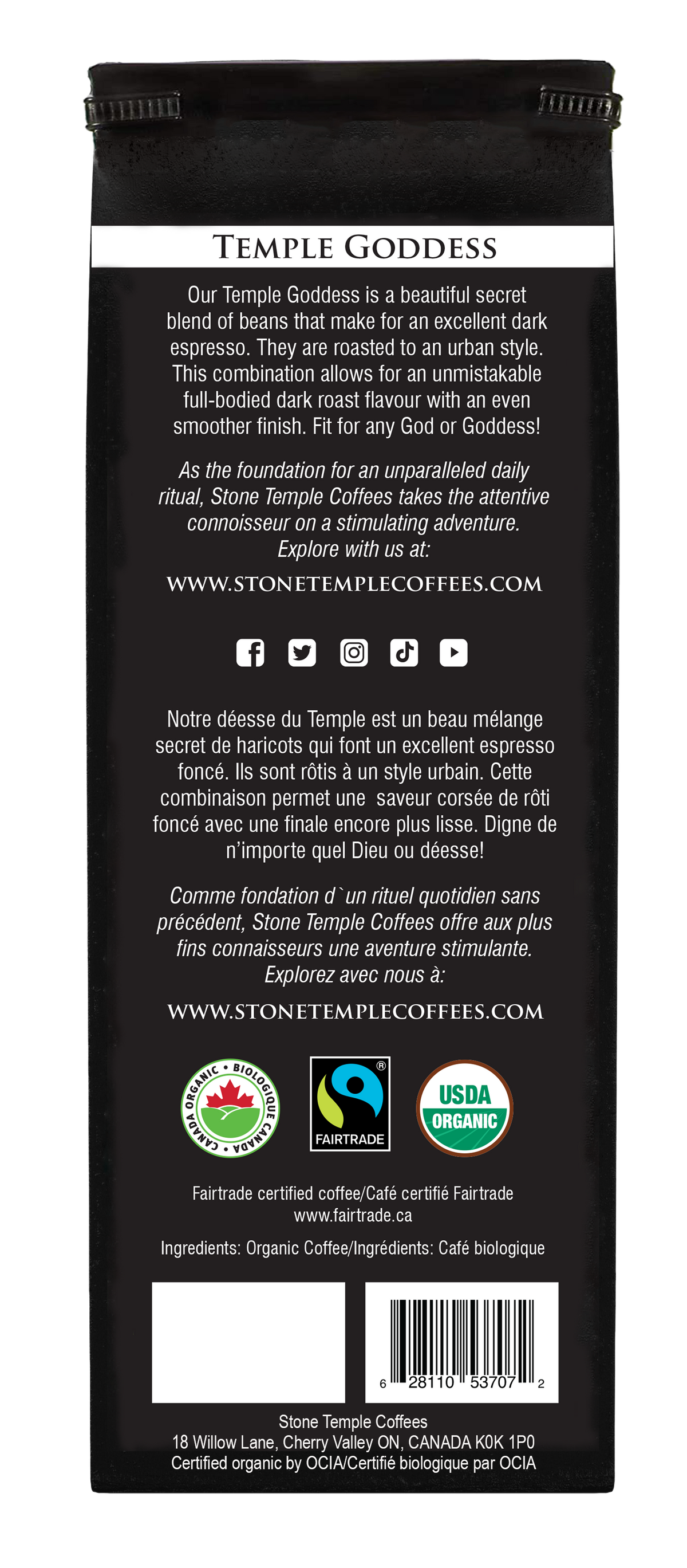 Temple Goddess - Ground, Dark Espresso, Certified Organic OCIA/ Fairtrade Coffee 1lb/ 454g