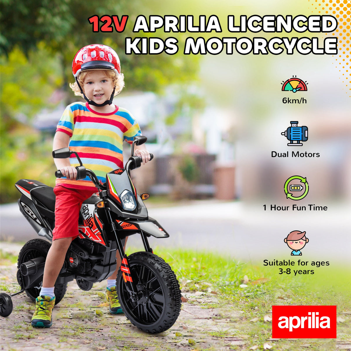 12V Aprilia Licenced Kids Electric Motorcycle, Battery-Powered Dirt Bike with Training Wheels for Aged 3-8, Red