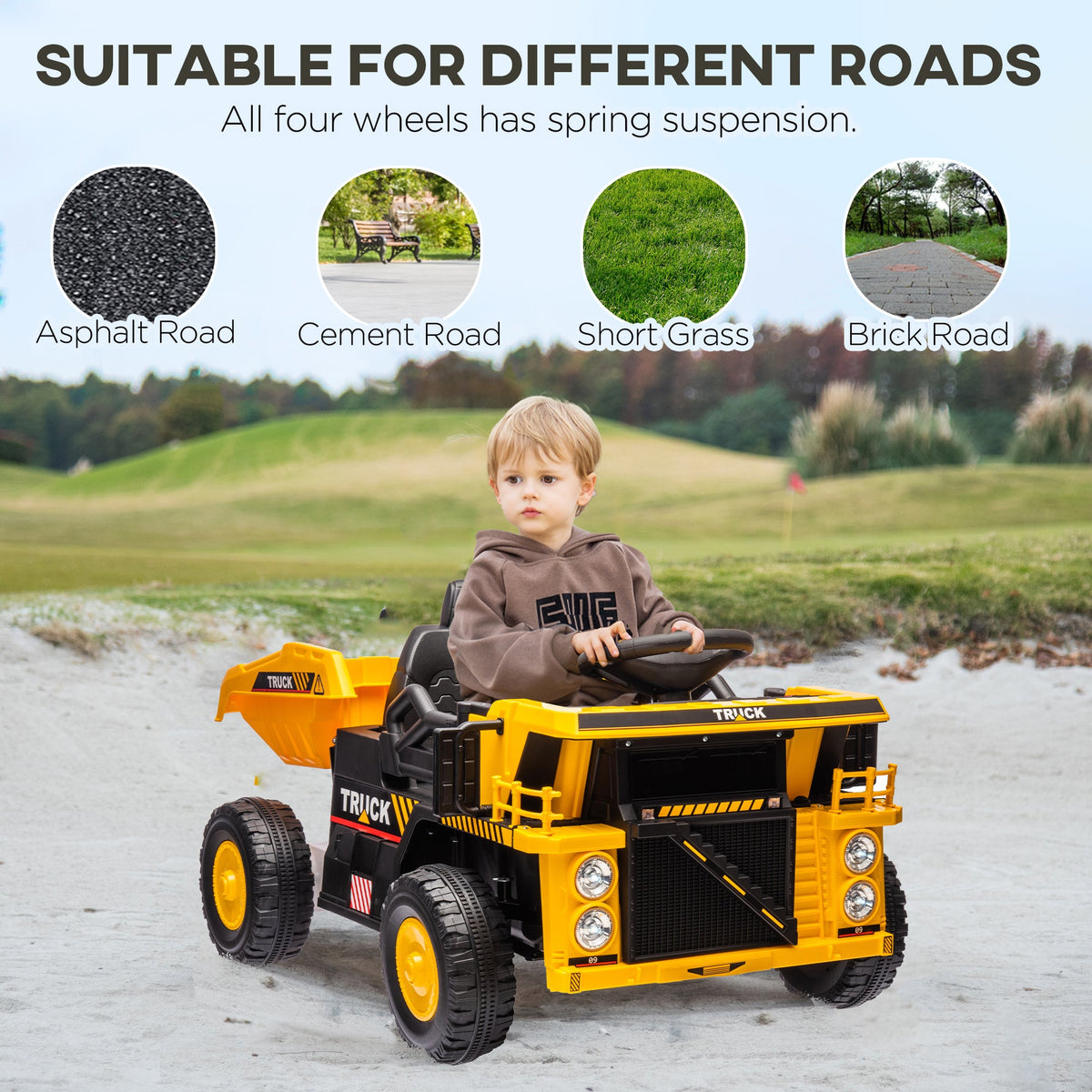 12V Kids Ride On Dump Truck Construction Vehicle w/ Electric Dump Bed, Shovel, Spring Suspension Wheels