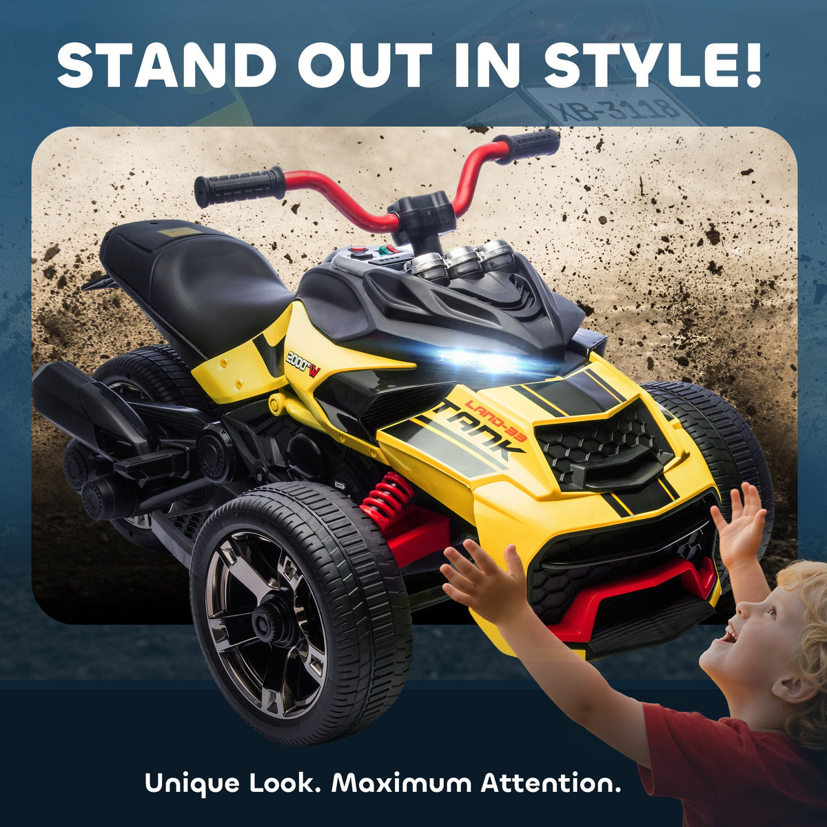 12V Kids Ride On ATV with MP3 Player, Music, Horn, 2 Speeds, LED Lights, Gift for Boys & Girls, Yellow