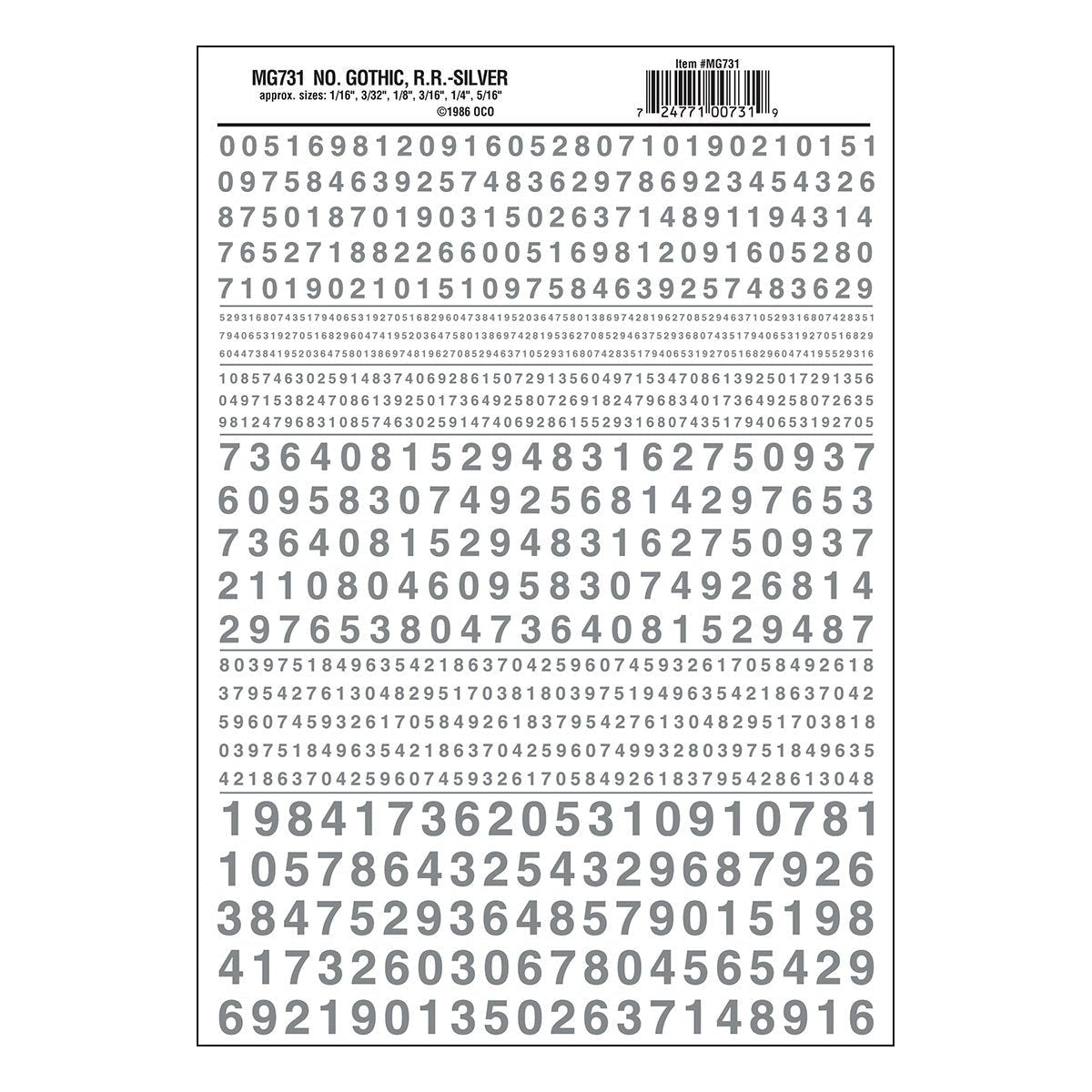 Woodland Scenics Model Graphics MG731 HO Dry Transfer Decals Numbers Gothic R.R. Silver NIB