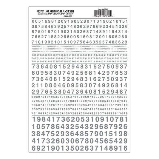 Woodland Scenics Model Graphics MG731 HO Dry Transfer Decals Numbers Gothic R.R. Silver NIB