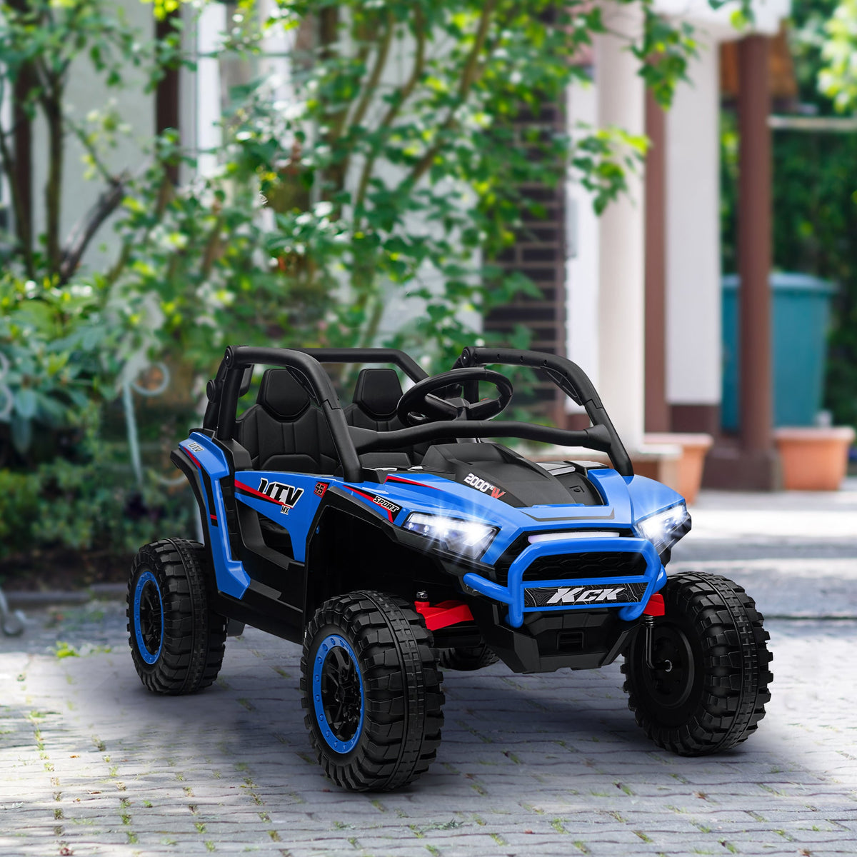 2 Seater 24V 7AH Ride on Truck, Electric Car for Kids w/ Spring Suspension, Remote Lights, Horn, Music, Blue