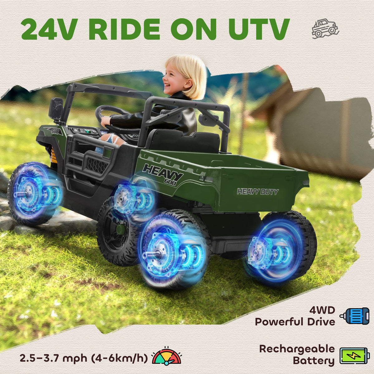 24V 4WD Kids Ride On Truck with 6 Wheels Electric Ride On Car with Remote, Dump Bed for 3-8 Years, Green