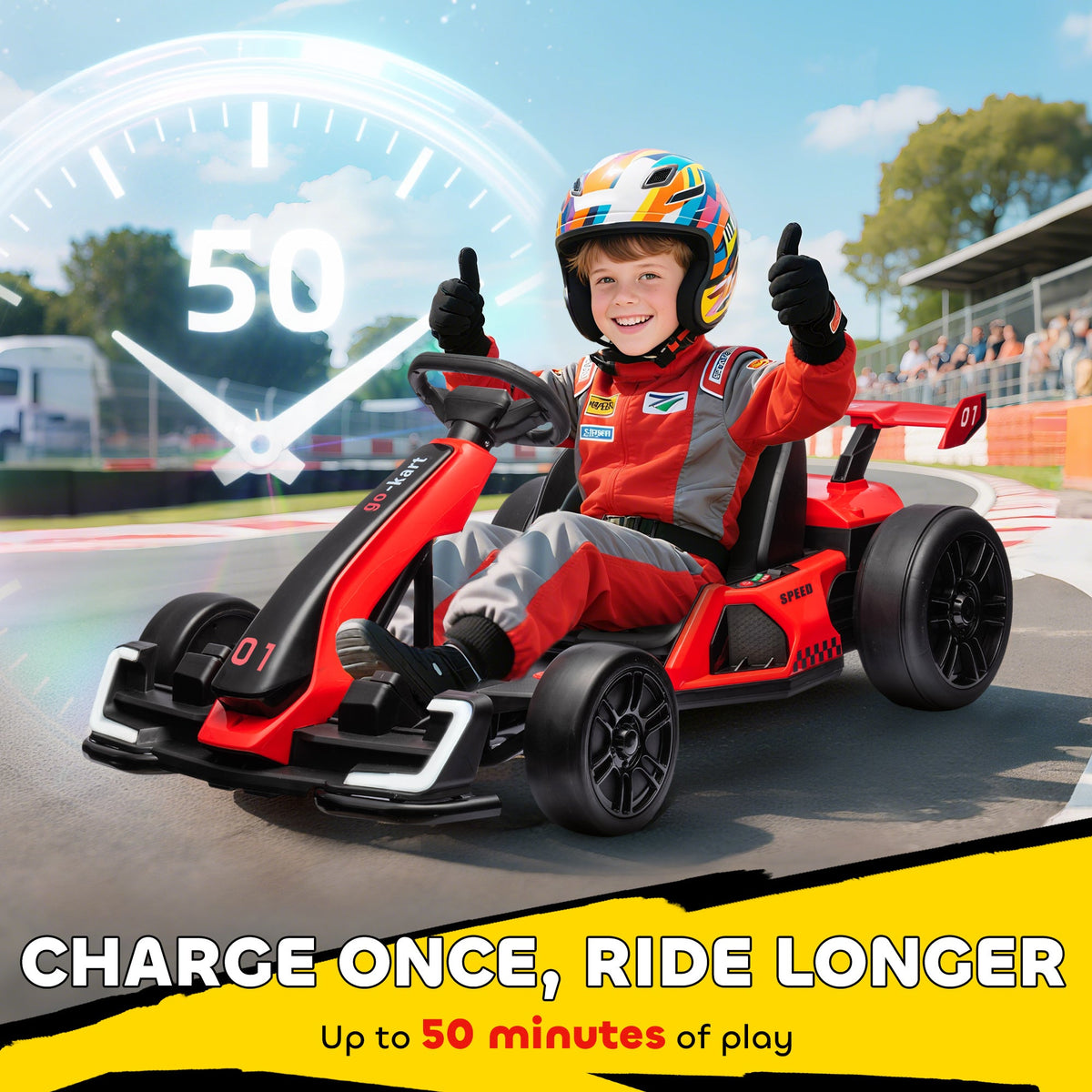 24V Electric Go Kart, Battery Powered Kids Drift Kart with Adjustable Seat, Seat Belt, Horn, Music, Light, Red